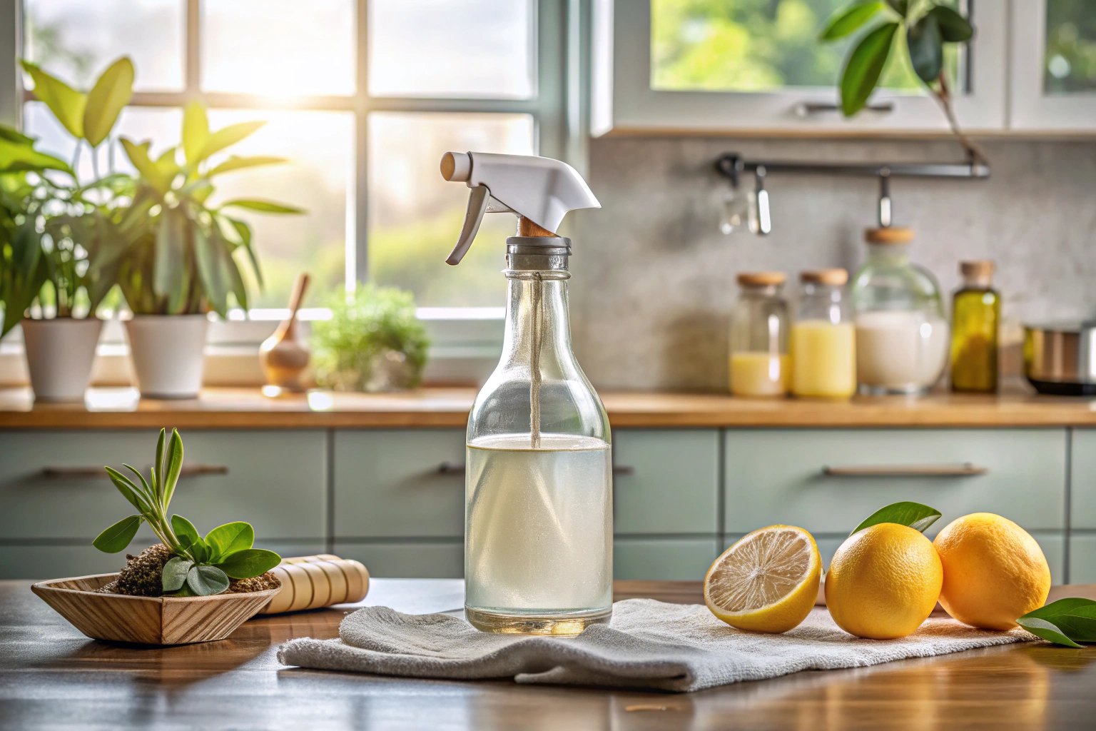 Une bouteille de produit de nettoyage écologique en verre, posée sur un comptoir en pierre avec des ingrédients naturels comme du vinaigre et du bicarbonate à côté, dans une cuisine bien éclairée.