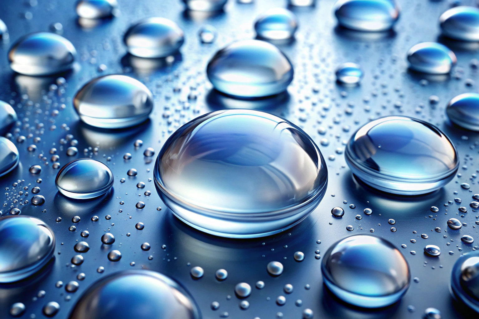 Gouttelettes de liquide désinfectant sur une surface lisse, illustrant la diffusion et la pureté du produit