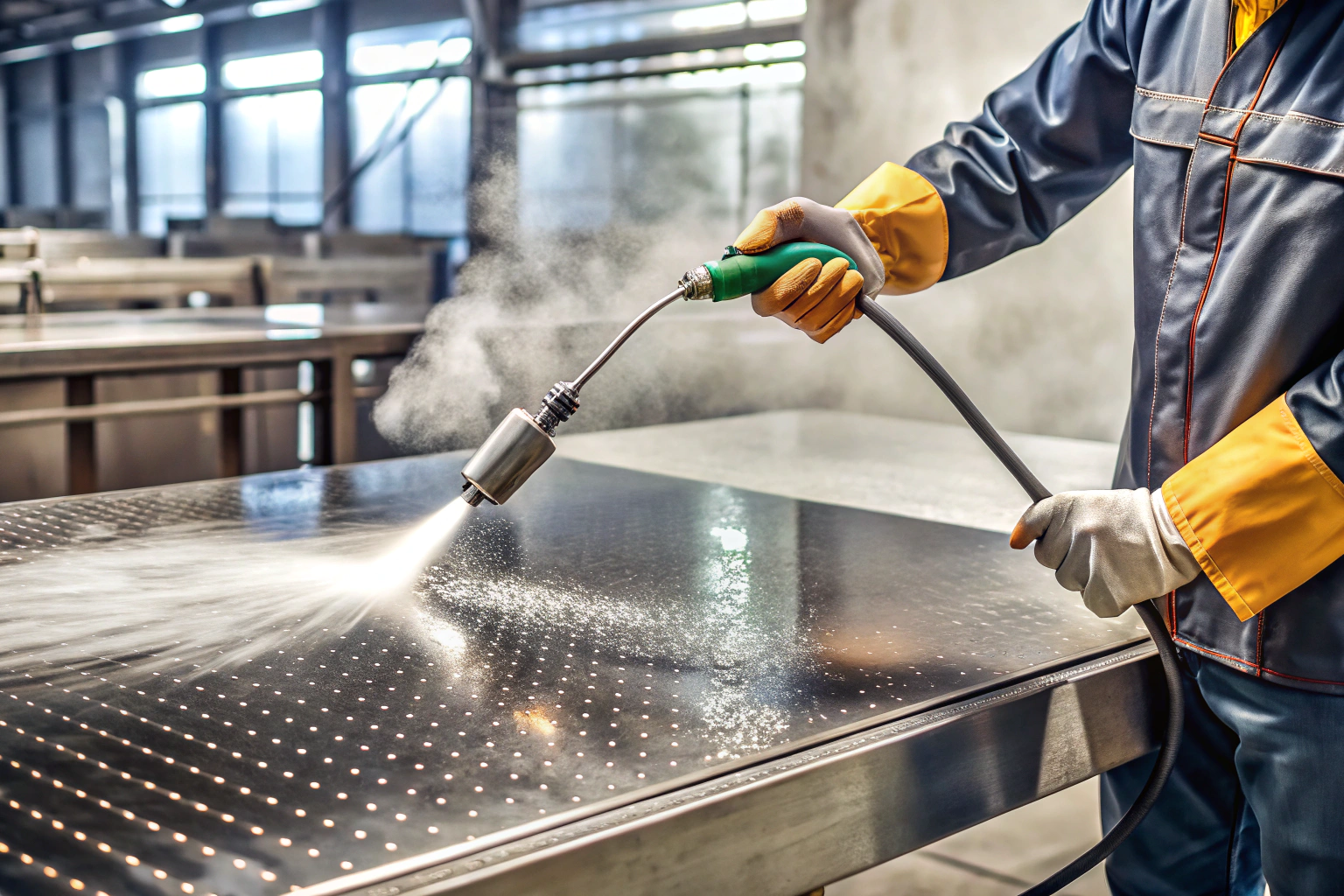 Personne portant des gants de protection utilisant un pulvérisateur de dégraissant industriel sur une surface métallique grasse, avec des bulles de nettoyage visibles